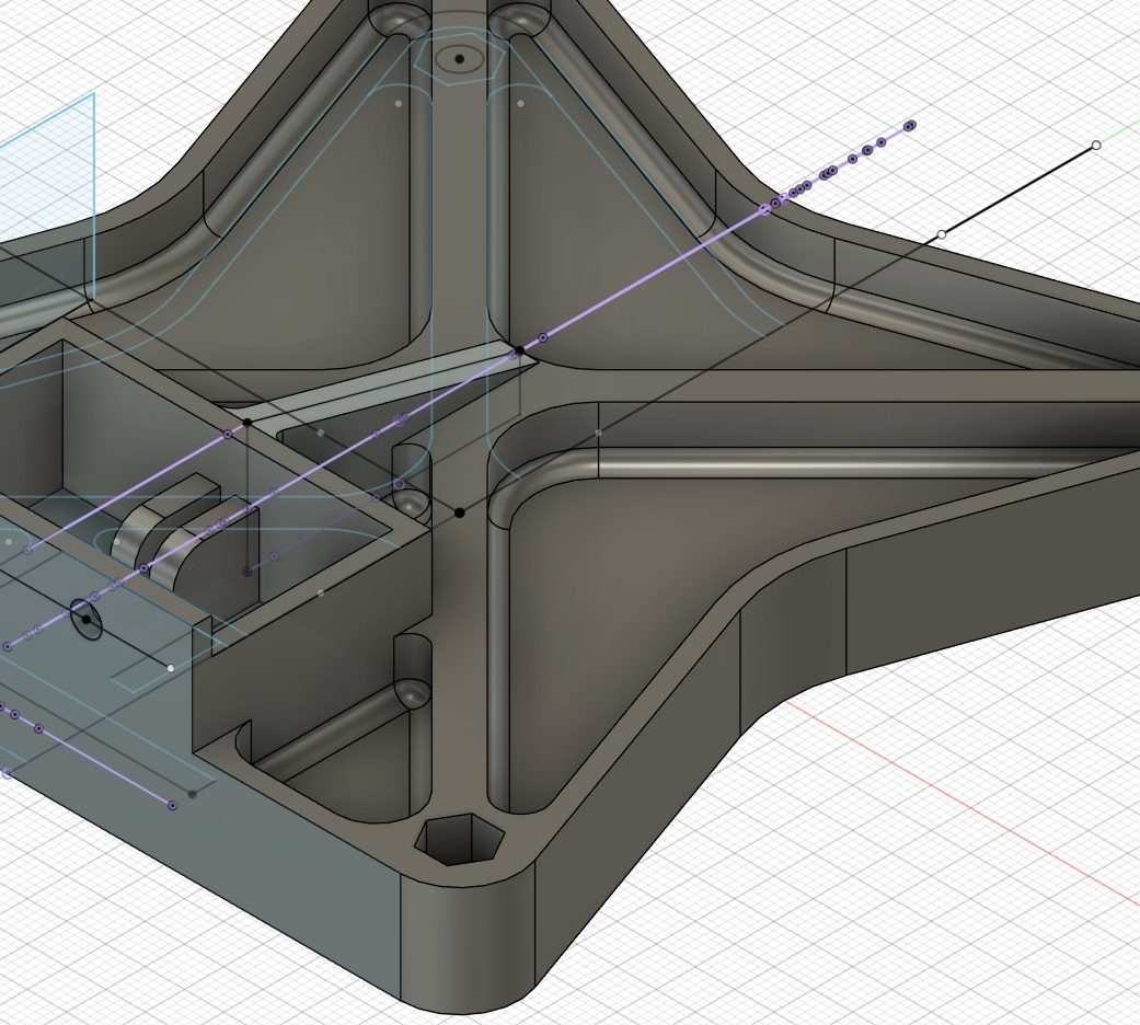 Modèle 3D de la platine, nervures et perçages visibles